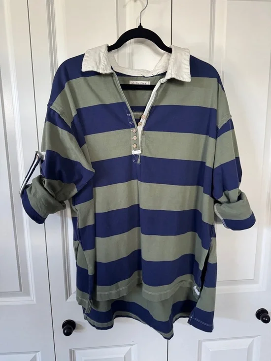 We The Free Olive Green and Navy Blue Striped Rugby Polo - Picture 2 of 10